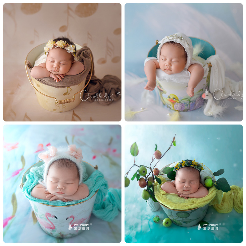 宝沃儿童摄影样片新生儿男女宝宝拍照装饰道具铁质桶多色可选