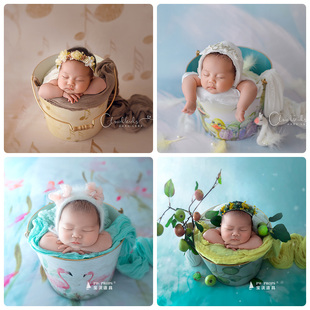 宝沃儿童摄影样片新生儿男女宝宝拍照装饰道具铁质桶多色可选