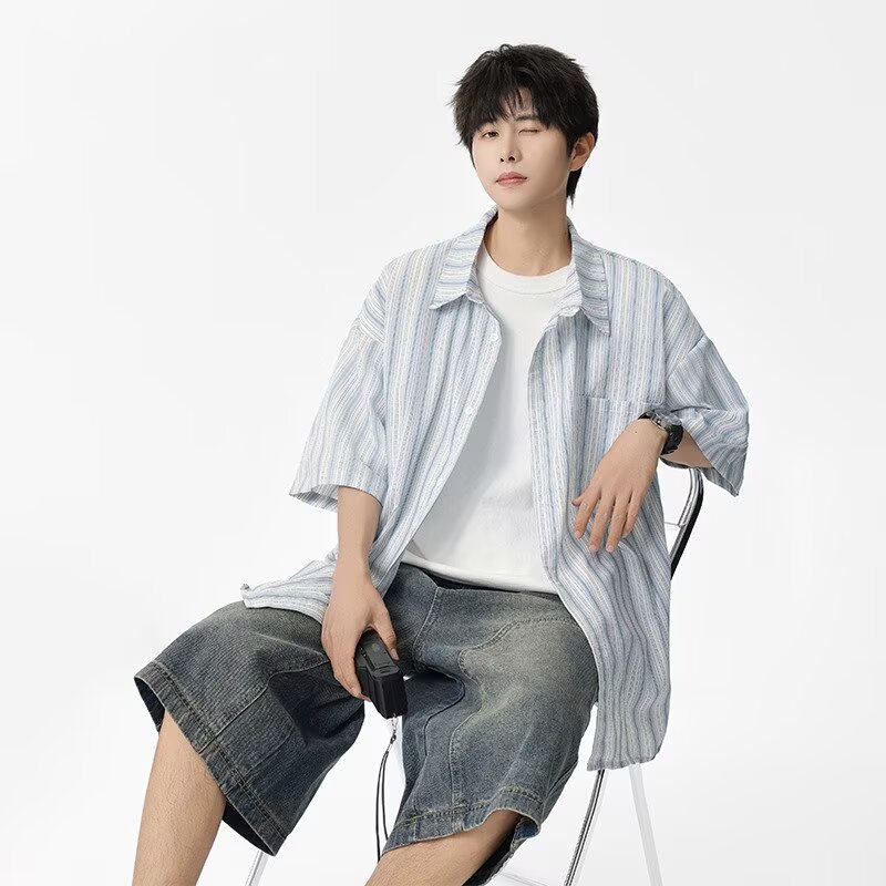 短袖衬衫男士美式休闲上衣夏季薄款宽松大码半袖衣服日系衬衣外套