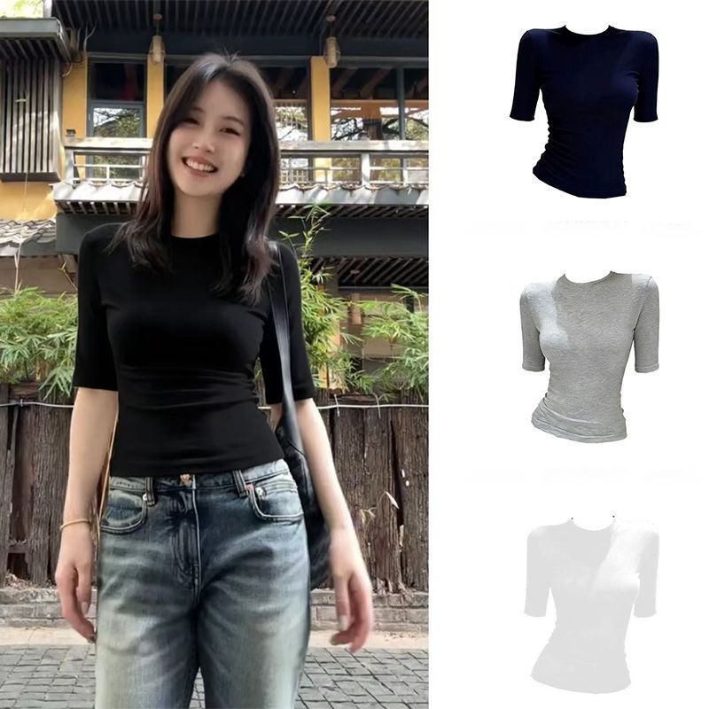 甜美圆领正肩黑色中袖修身上衣女夏新款高级收腰紧身半袖短袖t恤