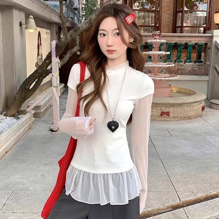 韩系设计感修身显瘦棉质网纱拼接假两件长袖T恤女春秋季新款上衣