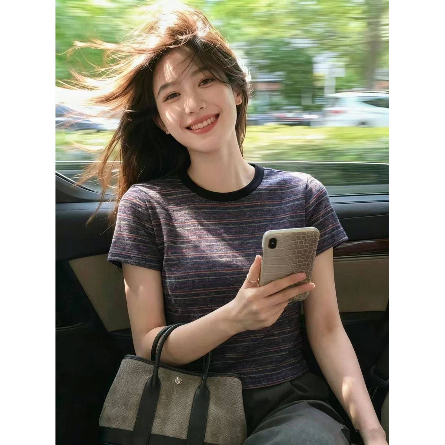 韩系chic复古条纹短袖t恤女2026新款超火减龄夏季穿搭不撞款上衣