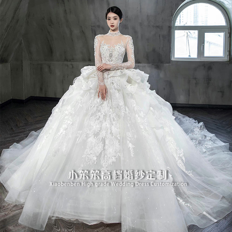 主婚纱2022新款新娘蓬蓬裙大拖尾显瘦公主长袖重工宫廷高级感齐地