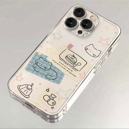 标签插画小猫透明壳适用苹果17promax新款手机壳iPhone16p日韩ins15卡通14可爱13/12/11/x镜头保护8p防摔套软
