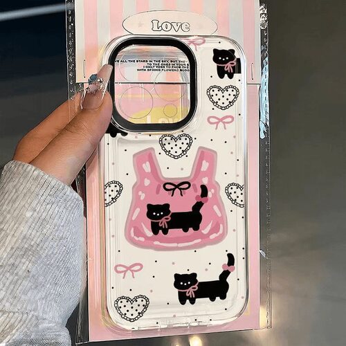 粉袋黑猫透明壳适用苹果17promax新款手机壳iPhone16p卡通15可爱14ins13少女心12镜头保护11防摔壳xr少女8p软
