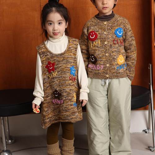 yummyrocky儿童羊毛手织星星背心裙/手织笑脸开衫