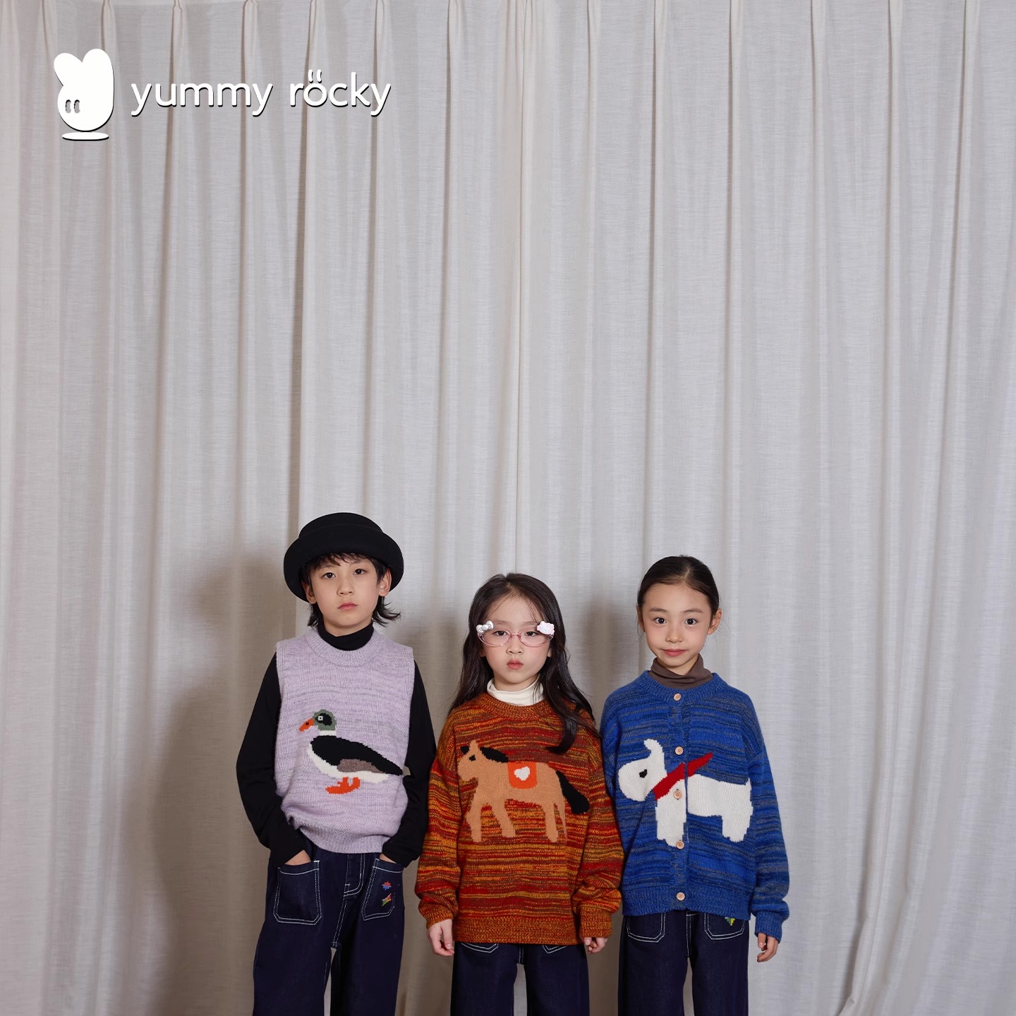 YR100羊毛色织提花动物亲肤柔软小马毛衫/小狗开衫/小鸭子背心