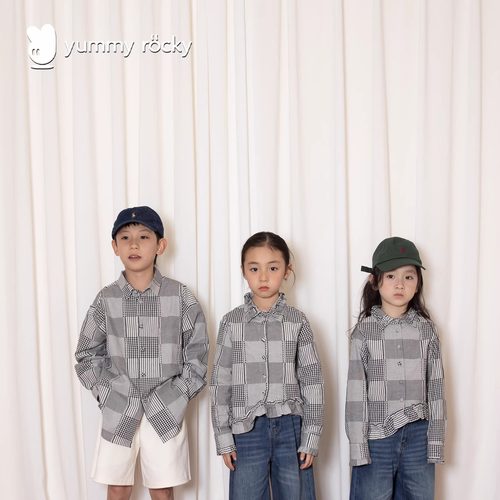 yummyrocky订染订织A类经典撞色格阔版花边衬衫