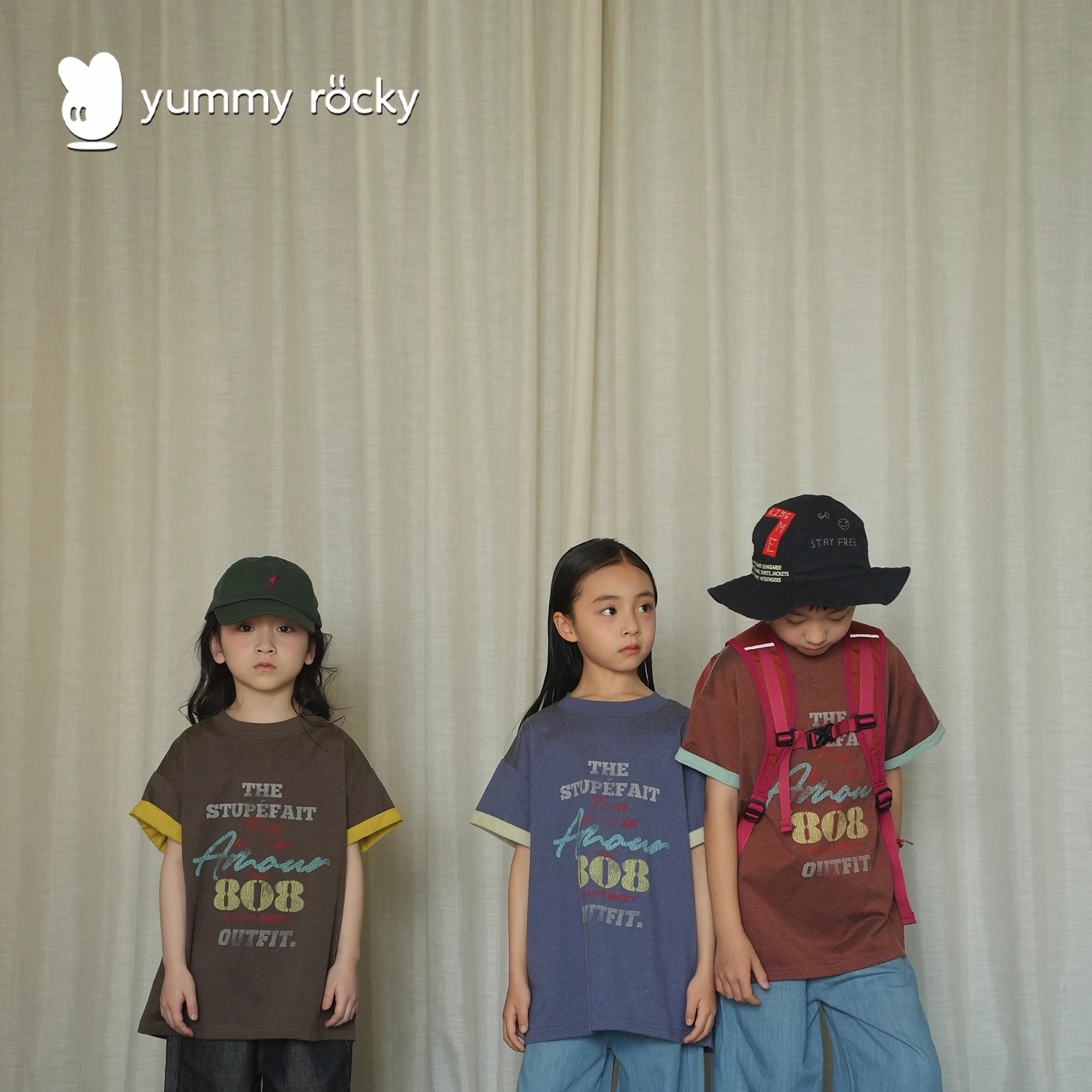 yummyrocky进口机订织ab面双色A类做旧数码印翻边短袖亲子