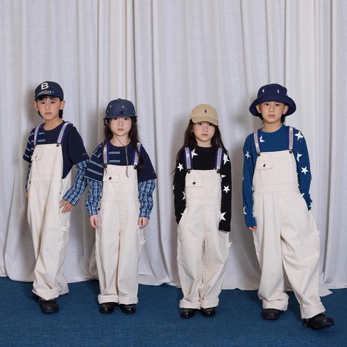 yummyrocky【亲子】 环保胶浆印背带A类彩点牛仔棉廓形背带裤