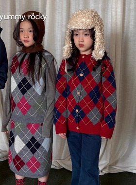 YR100羊毛柔软时髦撞色棋盘格毛织背心/开衫/半裙/长裤