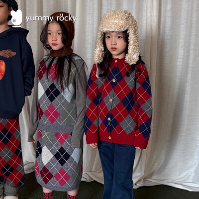 YR100羊毛柔软时髦撞色棋盘格毛织背心/开衫/半裙/长裤