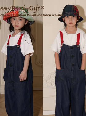 yummyrocky马里奥撞色牛仔裤2026春季新款时尚百搭休闲儿童背带裤