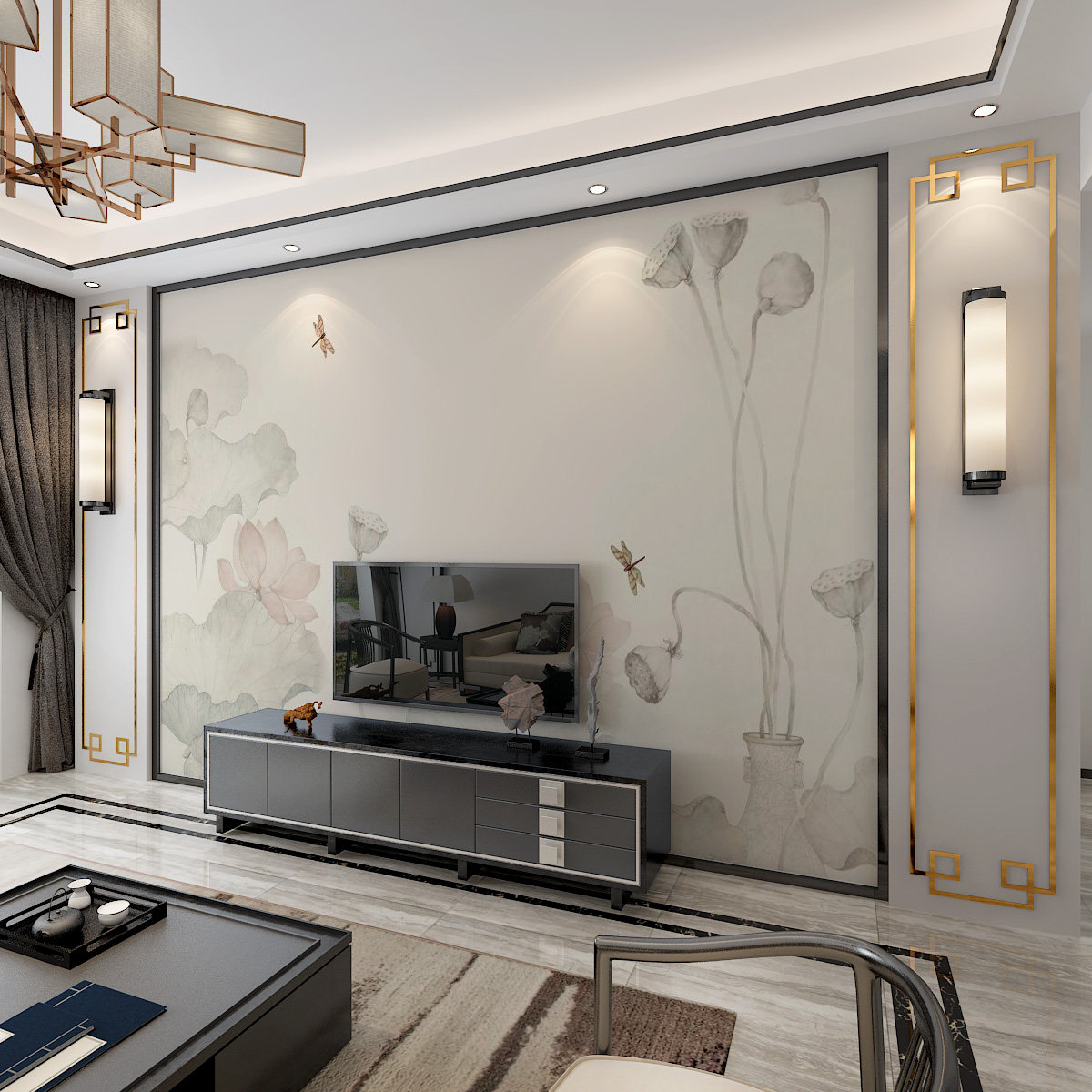 新中式电视背景墙壁纸现代简约荷花清新墙纸客厅壁画禅意手绘墙布