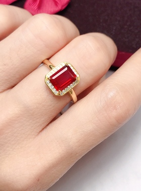 长方6×8火红太阳石戒女款925银镶嵌红色戒黄金色女戒清新时尚款