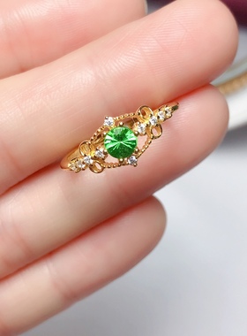 丛利 圆4.3天然沙佛莱戒指女s925银黄金色时尚经典大气女戒指