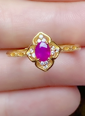 4x6天然红宝石戒指女S925银黄金色时尚经典白金色红宝石高端大气