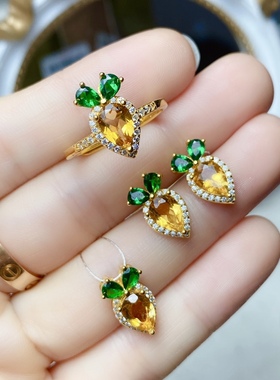 5x7天然黄水晶戒指、耳钉、吊坠套装女款925银镶嵌黄金清新时尚款