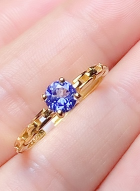 丛利 天然坦桑石戒指女S925银黄金色时尚经典白金色坦桑石纯银戒