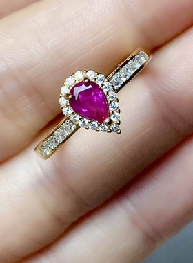 水滴4x6天然红宝石戒指女款925银镶嵌红色戒黄金色女戒清新时尚款