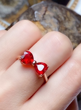 爱心6x6火红太阳石戒指女款925银镶嵌红色戒黄金色女戒清新时尚款