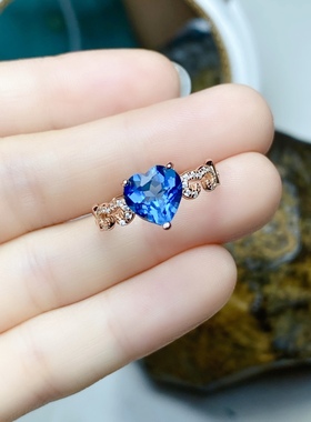 8×8天然托帕石戒指女款925银镶嵌蓝色女戒清新时尚款纯银镶嵌