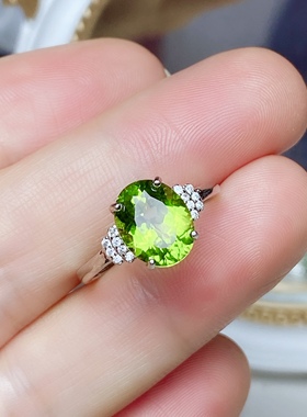 8x10 天然橄榄石戒指女S925银玫瑰金色时尚经典白金色绿色宝石