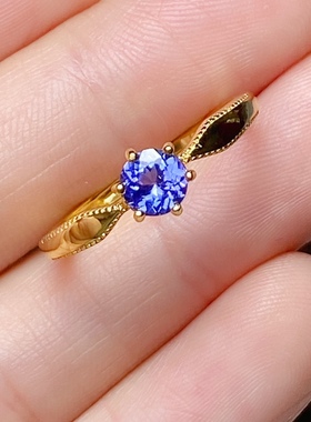 丛利 天然坦桑石戒指女S925银黄金色时尚经典白金色坦桑石纯银戒