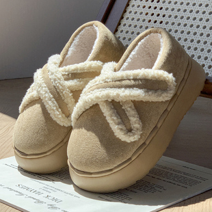羊羔毛棉拖鞋女厚底加绒秋冬季保暖室内家居外穿魔术贴全包跟棉鞋