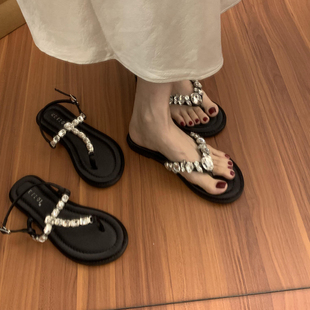 小众平底水钻黑色法式细带晚晚凉鞋仙女鞋外穿夏季度假平底罗马鞋