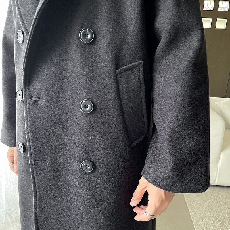 轻奢风双排扣中长款风衣男宽松毛呢大衣潮B358-F119-P120加棉P130,男装风衣,电商B345