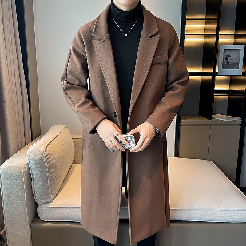 店主风冬季毛呢大衣长款过膝帅气风衣男B358-F115-P125加棉P135,男装风衣,电商B345