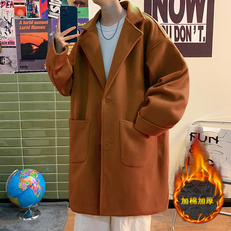 毛呢大衣港风男加厚中长款风衣外套男B358F101P120加棉P130，男装风衣，电商B345