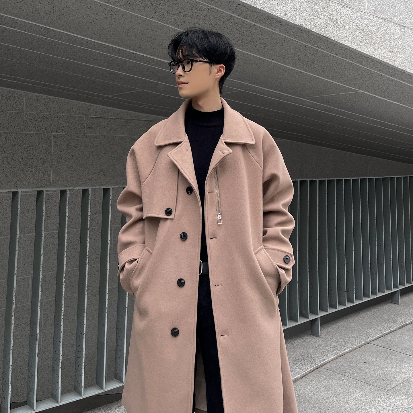 韩系秋季中长款大衣宽松毛呢外套男B345-F121-P125加棉P135图片
