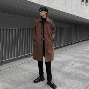 韩系秋冬季中长款风衣宽松呢子大衣外套男F112-P125加棉P135
