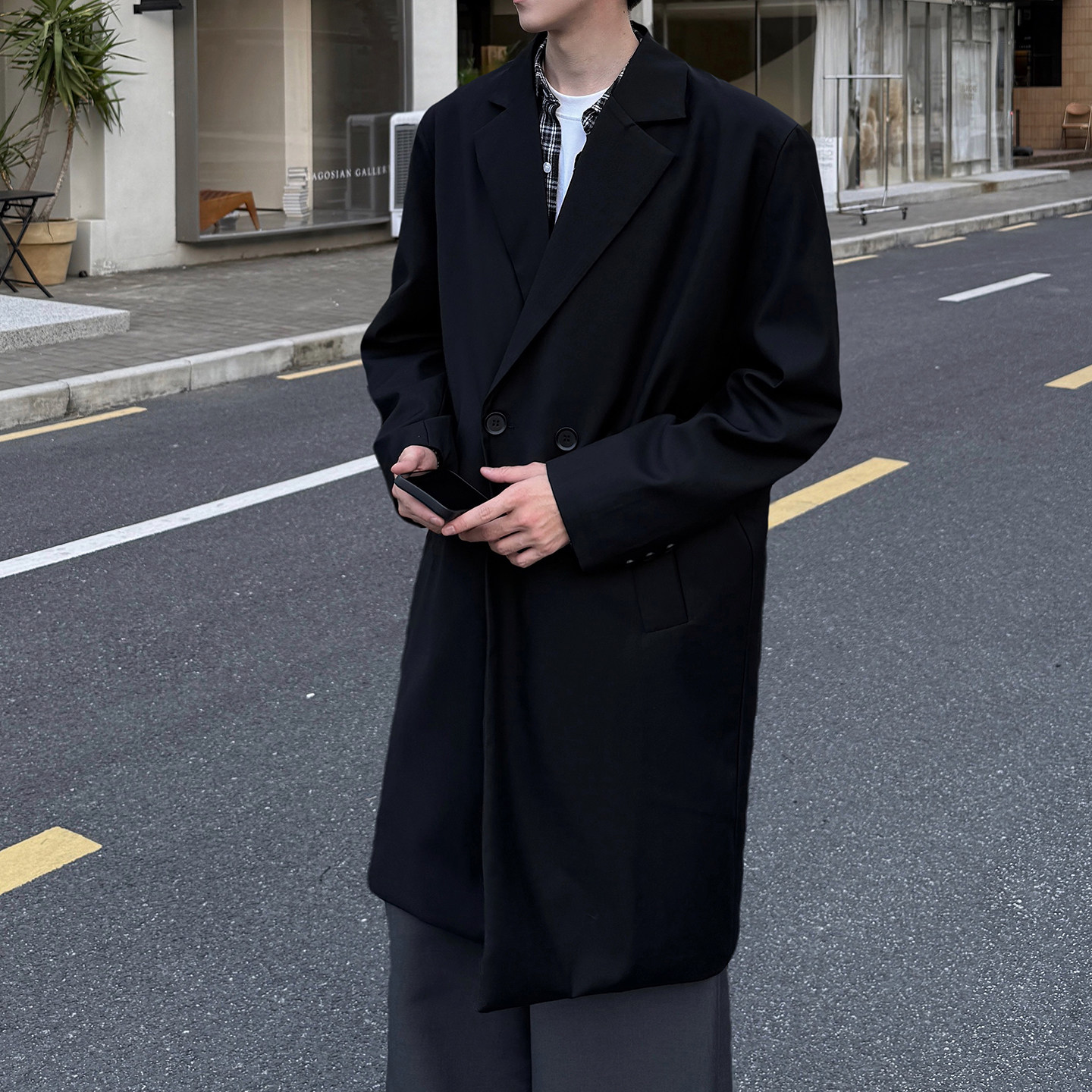 韩系风衣男西装领过膝长款休闲风衣中长款外套青年F131P120,男装风衣,电商B345