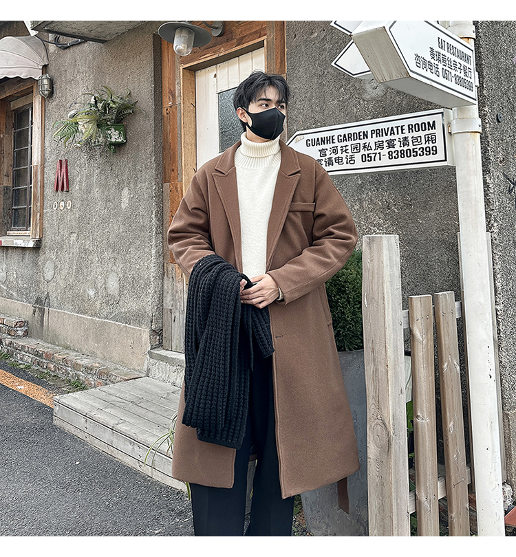 港风冬季毛呢大衣男长款过膝风衣B358-F115-P125加棉P135，男装风衣，电商B345