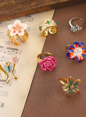 法式复古彩色花朵珐琅滴油蝴蝶开口戒指小众气质高级饰品