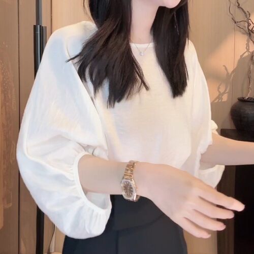 欧货时尚高级感简约白色灯笼袖T恤女百搭洋气减龄气质时髦上衣