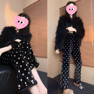 2025冬季新款加绒版保暖波点高腰微喇裤女高级感时尚百搭休闲裤子