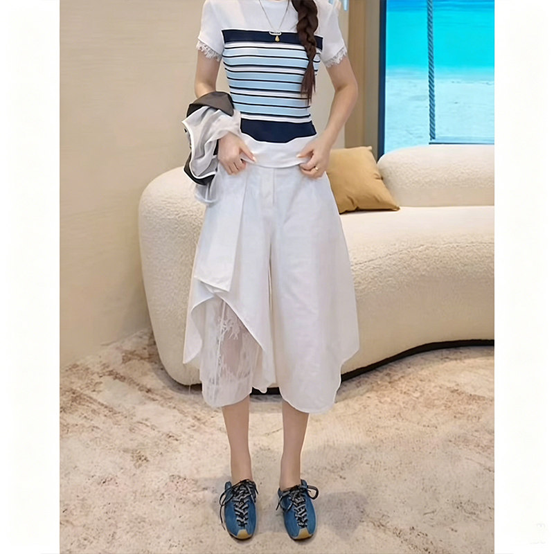 白色设计感蕾丝拼接七分阔腿裤女夏季不规则衬裤时尚宽松休闲裤裙