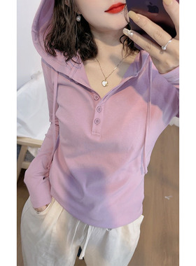 2025春秋季新款纯色半开领连帽长袖T恤女休闲宽松显瘦打底衫上衣