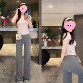 早春穿搭纯欲风U领粉色短袖 两件套潮 T恤女韩系翻折腰头显瘦微喇裤