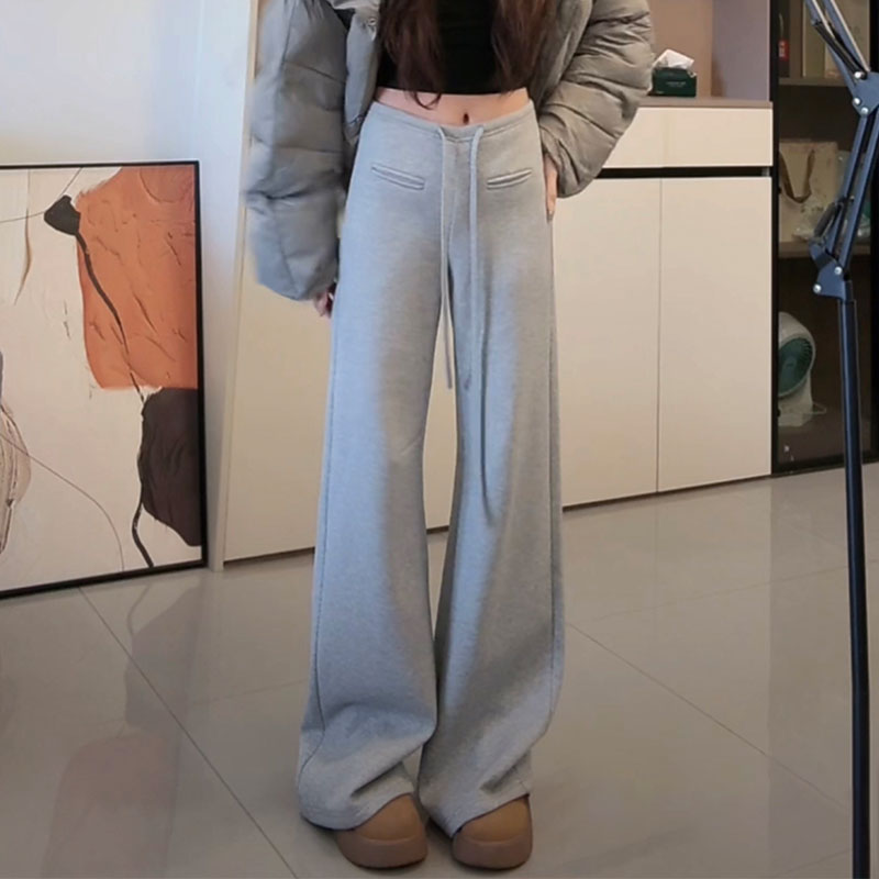 2025秋冬加绒灰色卫裤女宽松显瘦休闲直筒阔腿裤加厚运动拖地长裤