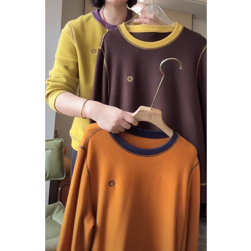 休闲慵懒笑脸刺绣加绒打底衫上衣2025秋季圆领撞色拼接长袖T恤女