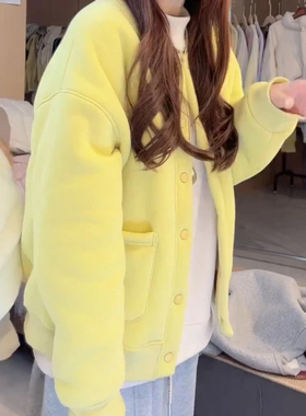 复古减龄加绒加厚开衫外套女款2025冬季新款慵懒风宽松棒球服上衣