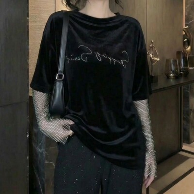 韩系亮闪闪烫钻假两件T恤女2026春秋时尚设计感宽松拼接网纱上衣