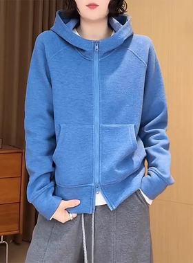 蓝色拉链连帽卫衣外套女秋冬2025年新款美式百搭宽松开衫长袖上衣