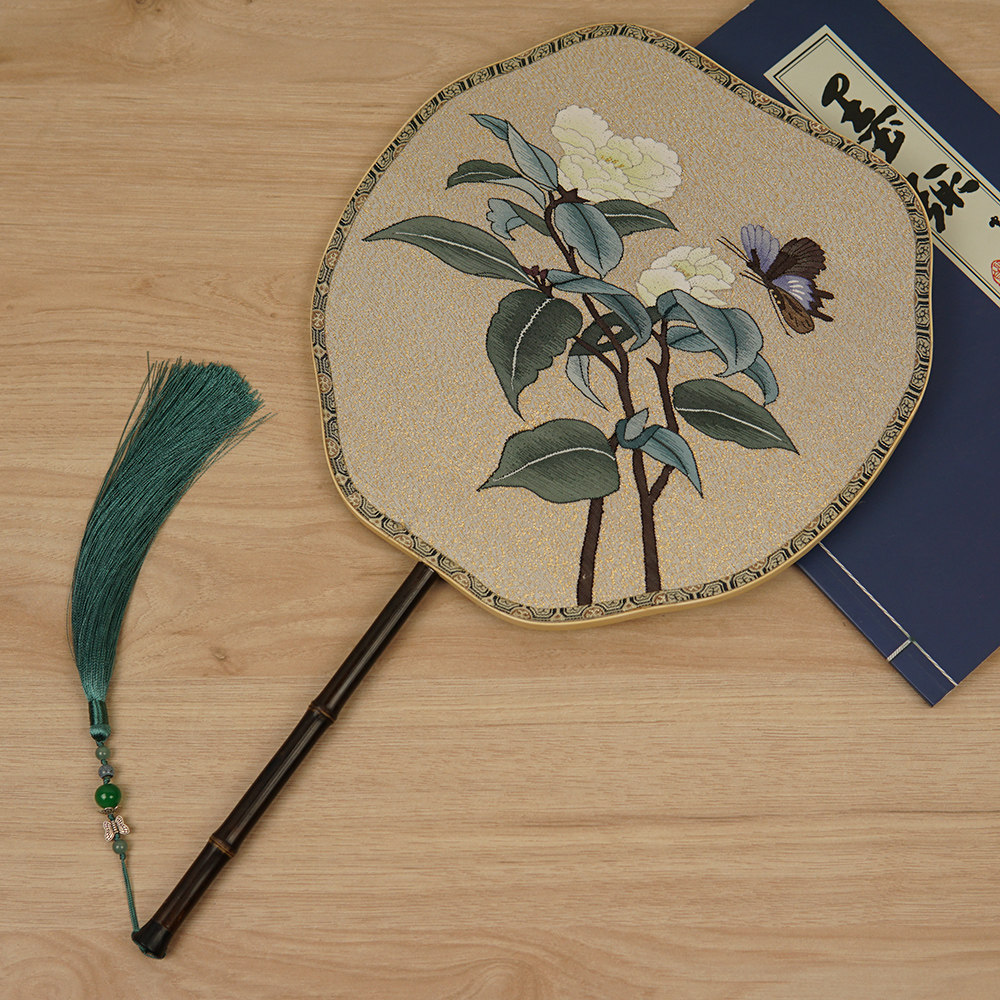 苏州缂丝工艺品扇山茶蝴蝶百蝶山茶送礼摄影汉服旗袍摆件国风中式