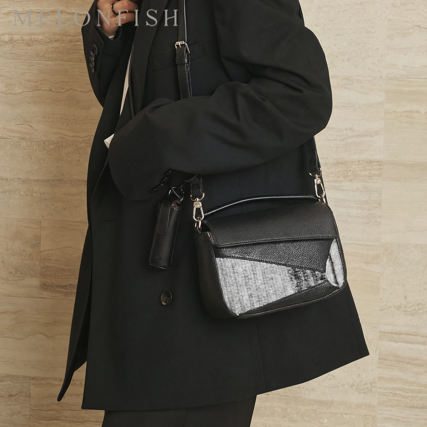 【黑白拼图】MELONFISH早春撞色真皮羊毛puzzle通勤单肩斜挎包,箱包皮具/热销女包/男包,通用款女包,淘宝优惠券,粉丝福利购,淘宝优惠卷